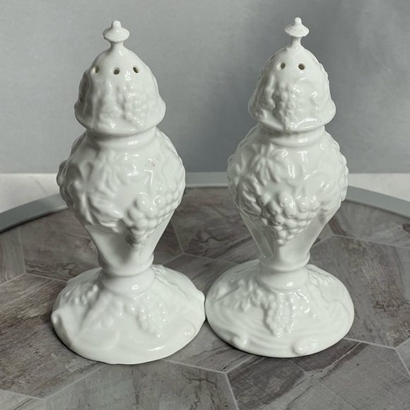 Vintage White Porcelain Grapevine Salt and Pepper Shakers 5.5” Tall Pair - Picture 2 of 7